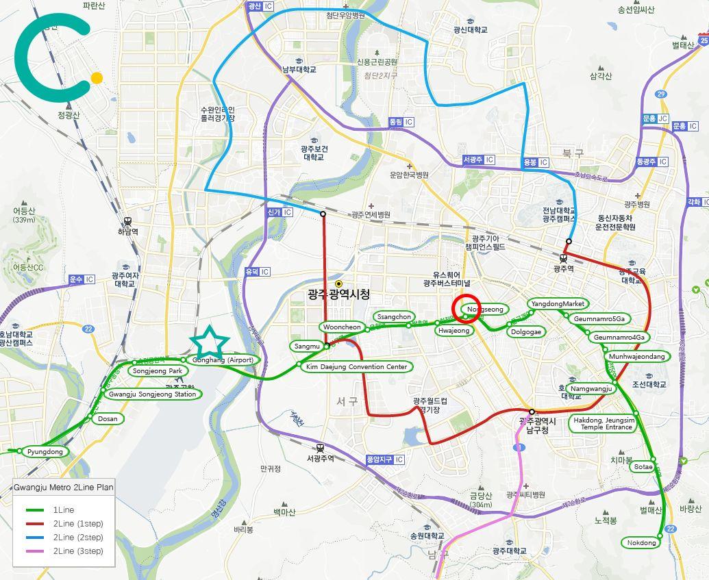 Gwangju Metro map displaying Line 1 with stops at Gwangju Songjeong Station and Airport, informative for travelers seeking connections between key transport hubs in Gwangju.